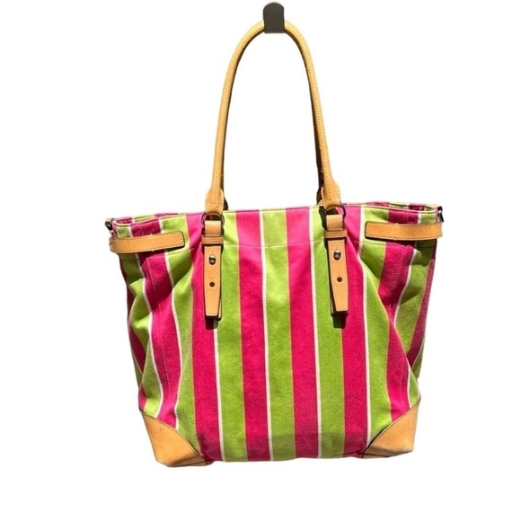 🌻Tumi Hot Pink & Neon Green Leather & Picclic Fabric Tote Bag Size Large - Picture 6 of 12